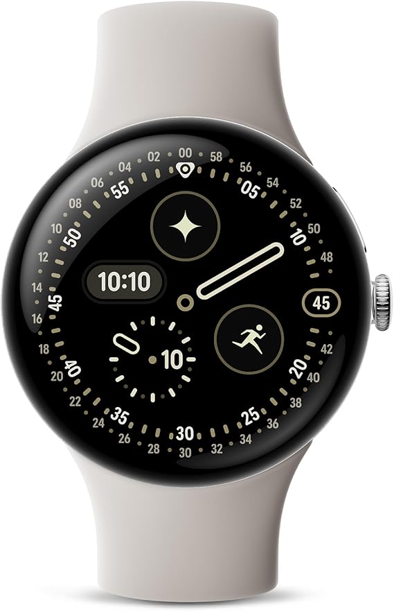 Google Pixel Watch 4 (45mm) - Android - 2 Years of Data- Heart Rate,Sleep & Fitness Tracking -40-Hour Battery - Polished Silver Aluminum Case - Porcelain Active Band - LTE -Google Pixel Watch app