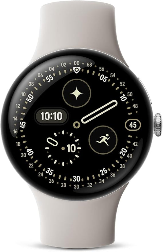 Google Pixel Watch 4 (45mm) - Android - 2 Years of Data- Heart Rate,Sleep & Fitness Tracking -40-Hour Battery - Polished Silver Aluminum Case - Porcelain Active Band - LTE -Google Pixel Watch app